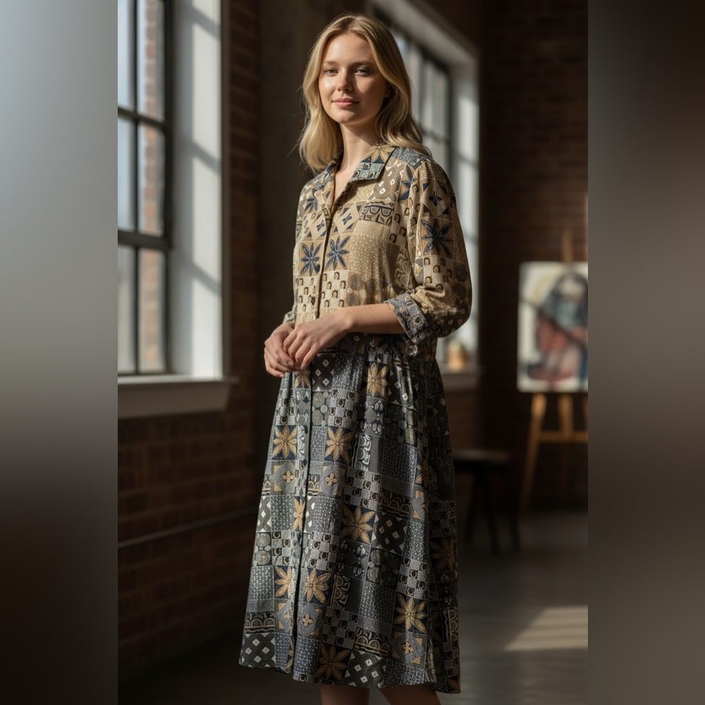 Vintage Patchwork Button Up Dress - image 1